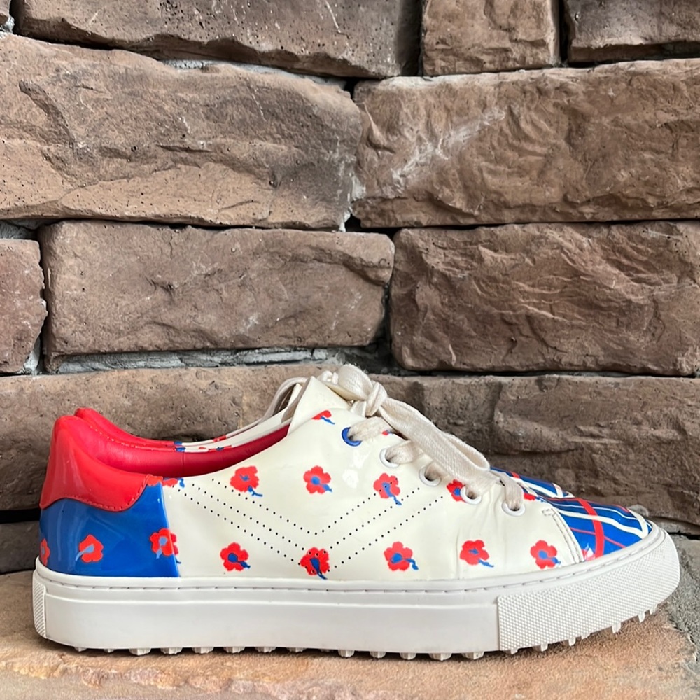 Tory Burch Cream Leather Golf Sneakers with Red and Blue Floral Print